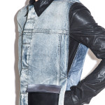 Denim jacket with leather gusset